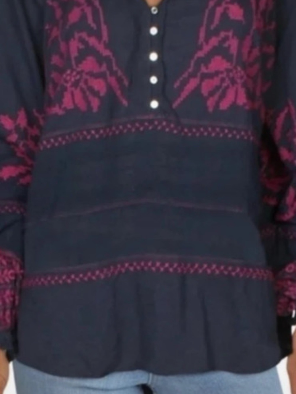 Free People  persuasion Navy Long Sleeve Henley Top with Magenta Floral Accents